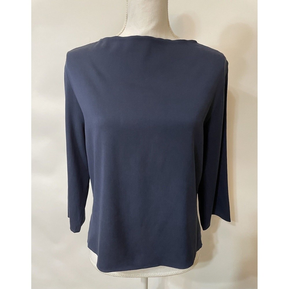Sylvia Heisel Top Blouse Size 14 100% Silk Navy Blue 3/4 Sleeves Side Slits